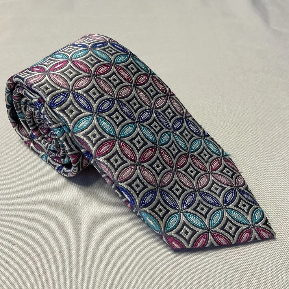 Kilburne And Finch Men's Necktie‎ 100% Microfiber Silver Pink Teal Geometric